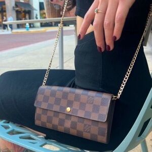 Authentic Louis Vuitton Damier Ebene Brown Sarah Wallet on Chain